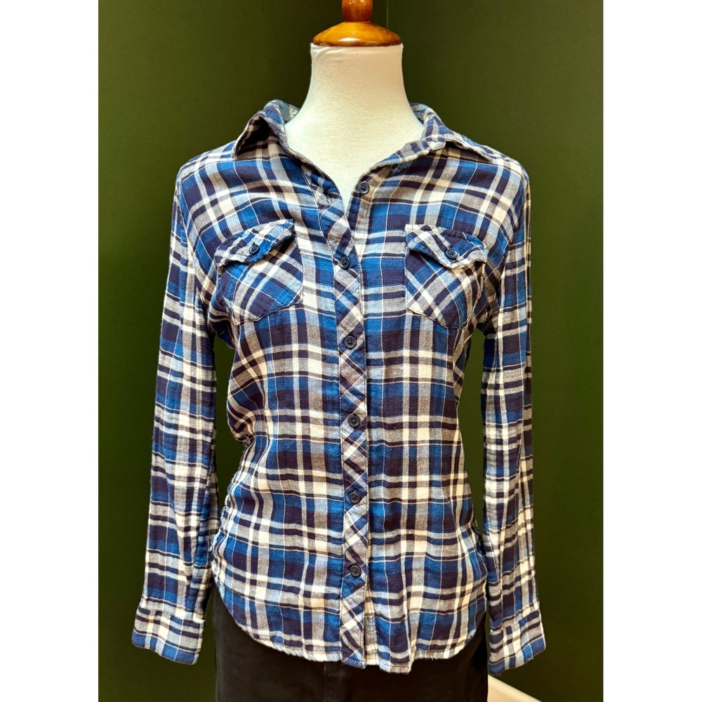 BeachLunchLounge Blue Plaid Flannel Shirt Long Sleeve Button Down Women's Smallโ